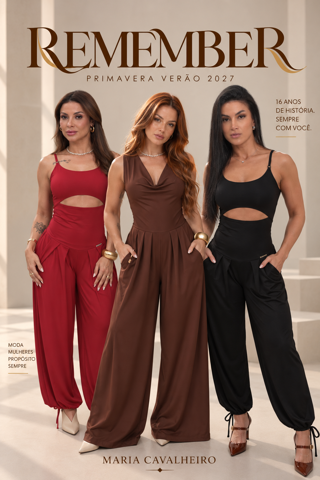 Campanha Remember Primavera Verão 2027 — três modelos com macacões Maria Cavalheiro